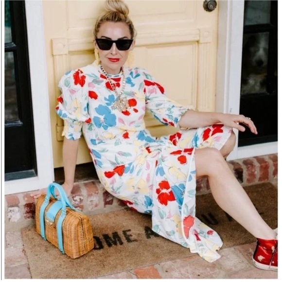 RIXO Dresses & Skirts - Rixo x Target Women’s White Floral Mock Neck Ruffle Midi Dress Size 2